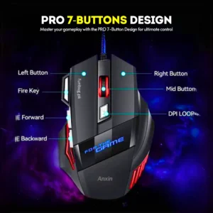 FunBug 7 Buttons Mechanical Gaming Mouse RGB with 4-Levels DPI Control - 7 Light Wired USB Optical Mouse with Side Buttons - Mouse with Pad for PC, Laptop, Computer, Gaming, Pubg Mobile - Black