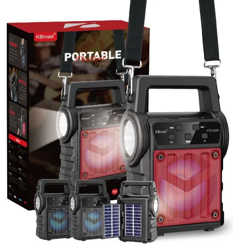 KBroad KTS-2295 Portable Wireless Bluetooth Speaker | Solar Charging, LED Flashlight, FM Radio, USB/TF Card Support | Rechargeable Outdoor Speaker