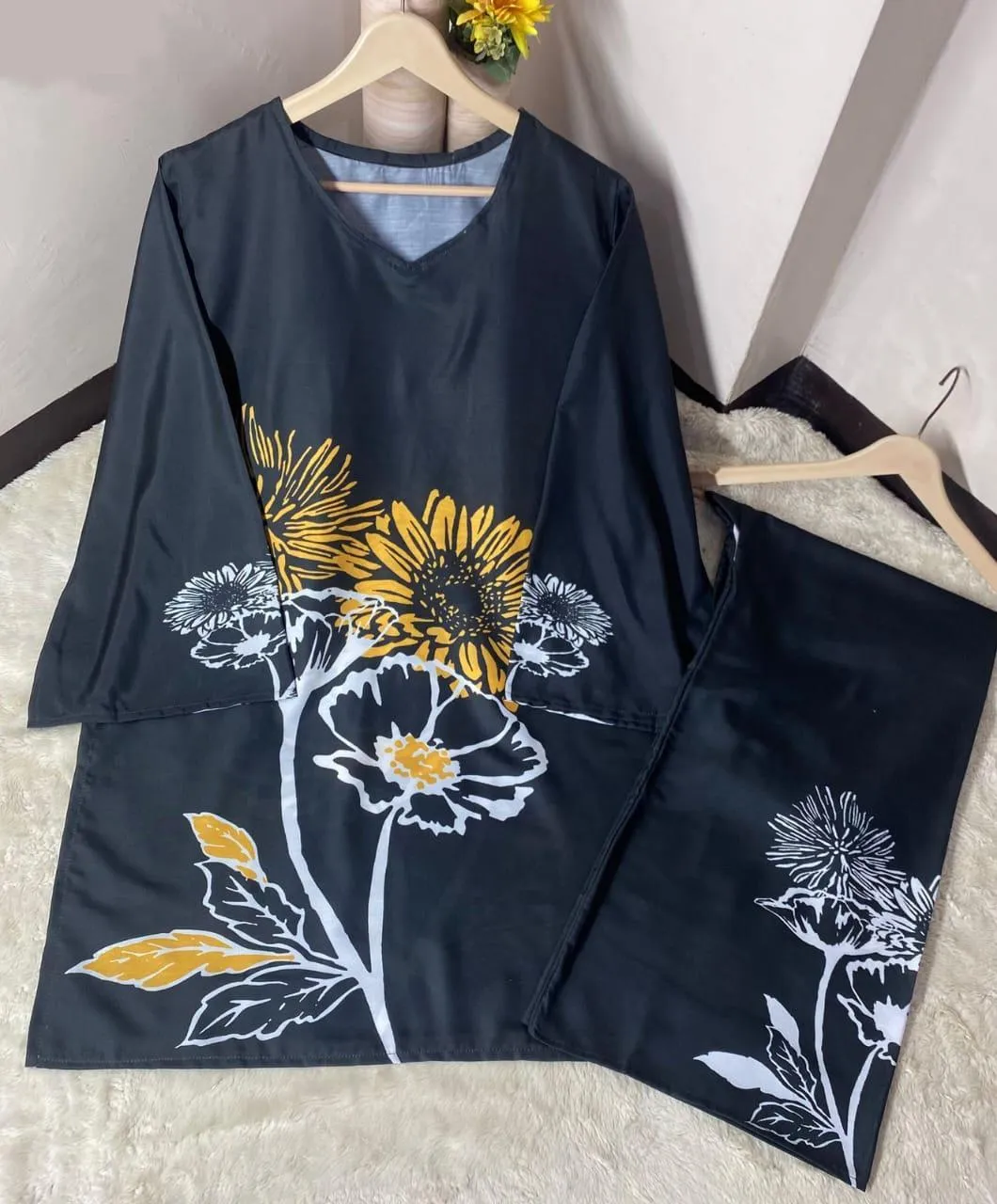 2 Pcs Women's Stitched Swiss Lawn Digital Print Co-Ord Set - Image 3