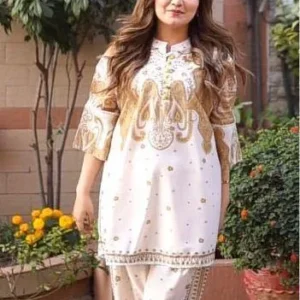 2 Pcs Women's Stitched Swiss Lawn Printed Shirt And Trouser