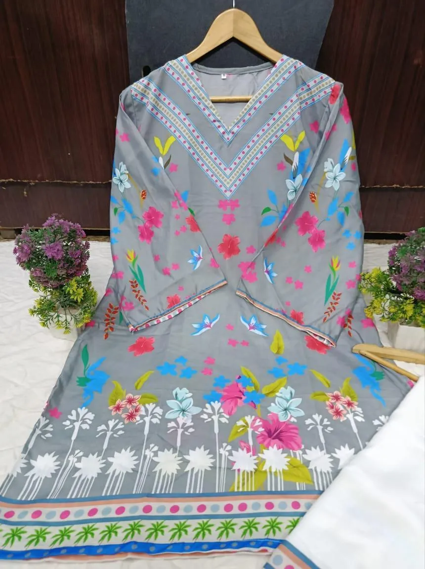 2 Pcs Women's Stitched Swiss Lawn Digital Print Co-Ord Set - Image 3