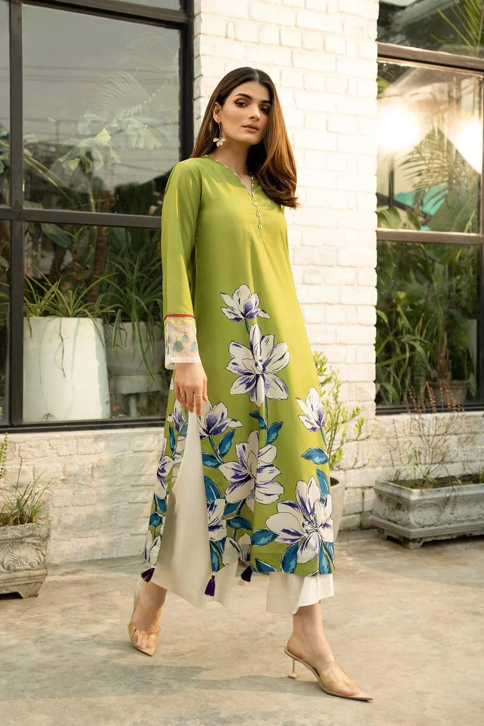 2 Pcs Women's Stitched Silk Digital Print Shirt And Trouser - Image 2