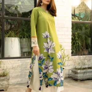2 Pcs Women's Stitched Silk Digital Print Shirt And Trouser