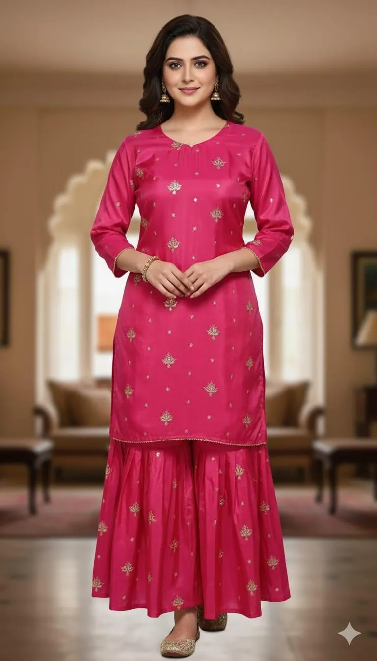 2 Pcs Women's Stitched Katan Silk Embroidered Shirt And sharara 2p - Image 2