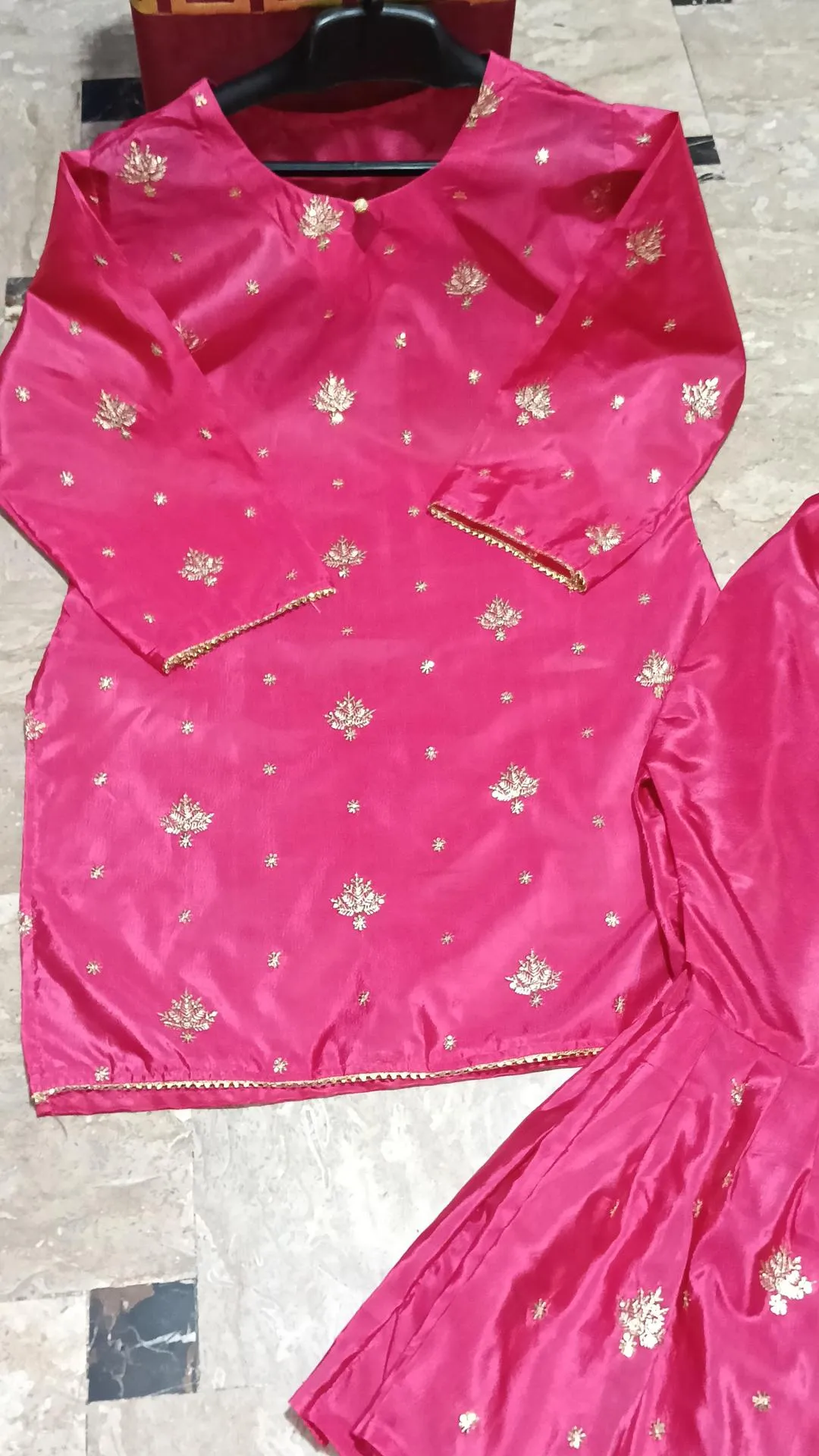 2 Pcs Women's Stitched Katan Silk Embroidered Shirt And sharara 2p - Image 6