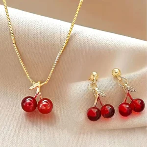 Adorable Cherry Design Necklace and Earrings Suitable for Casual Attire