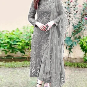 Luxury Embroidered Grey Net Party Wear Dress