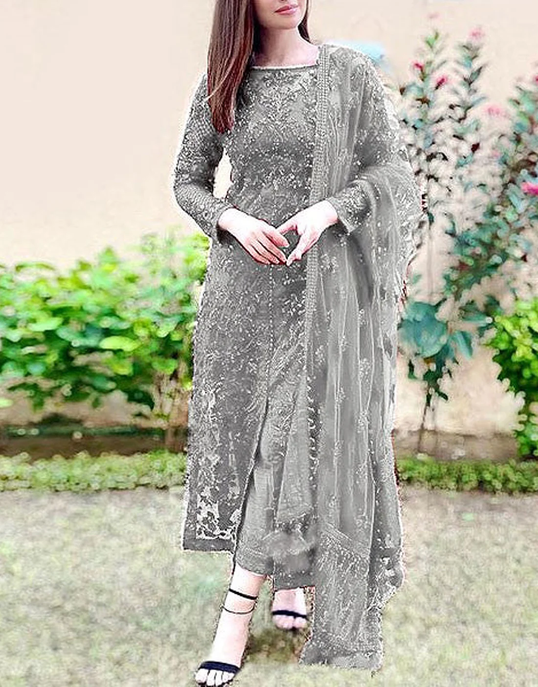 Luxury Embroidered Grey Net Party Wear Dress - Image 2