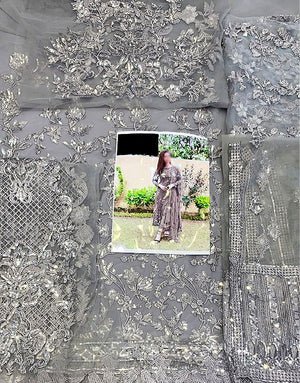 Luxury Embroidered Grey Net Party Wear Dress - Image 3