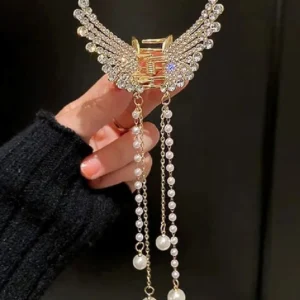 Rhinestone Pearl Angel Wings Design Hair Catcher - Golden