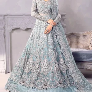 Intricate Embroidered Powder Blue NET Bridal Maxi Dress in 12 Kali Style with Rich Embellishments