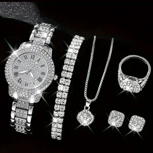 6-Pcs Glittering Luxury Silver Ladies Watch and Matching Bracelet, Earrings, Necklace, Ring Set