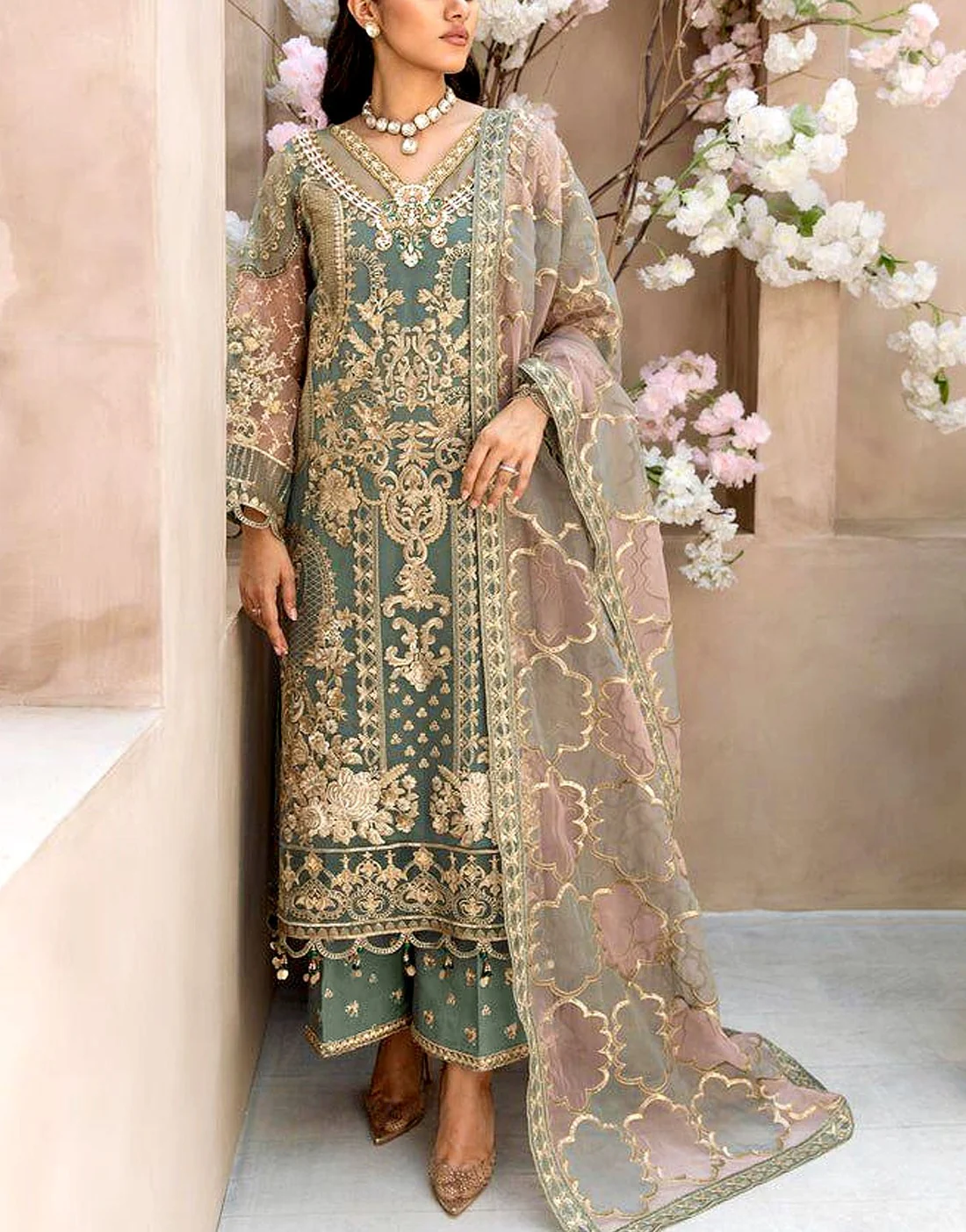 Luxurious Handwork Embroidered Organza Party Dress with Emb. Silk Trouser - Image 2