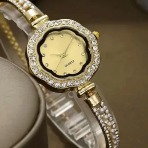 Chic Adjustable Chain Floral Design Golden Dial Watch for Girls