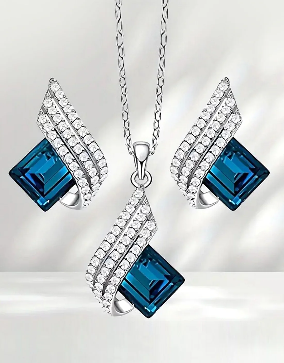 Elegant Blue Crystal Angel Wings Necklace and Earrings Set