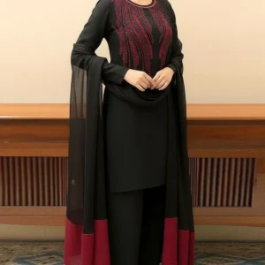 Elegant Embroidered Black Silk Party Dress with Hand‑Embellished Neck Design