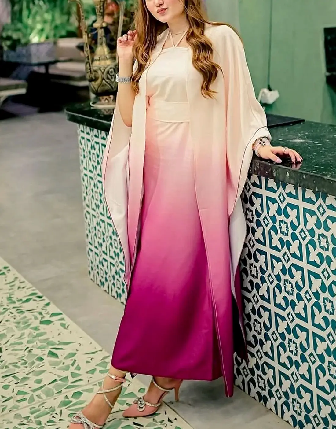 Trendy Ombre Style Digital Print Silk Dress for Girls