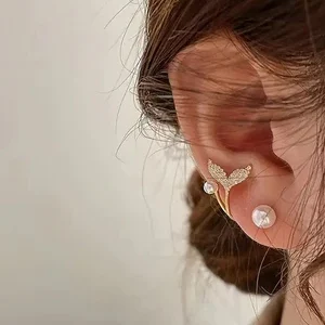 Faux Pearls & Rhinestones 14K Gold Plated Whale Tail Stud Earrings