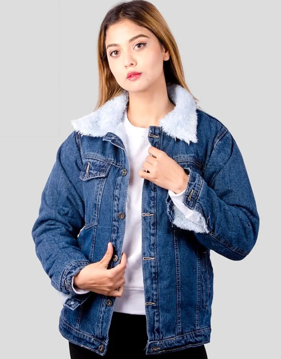 Unisex Stylish Fur Denim Jacket for Winters | Warm Jean Jacket for Men & Women - Image 2