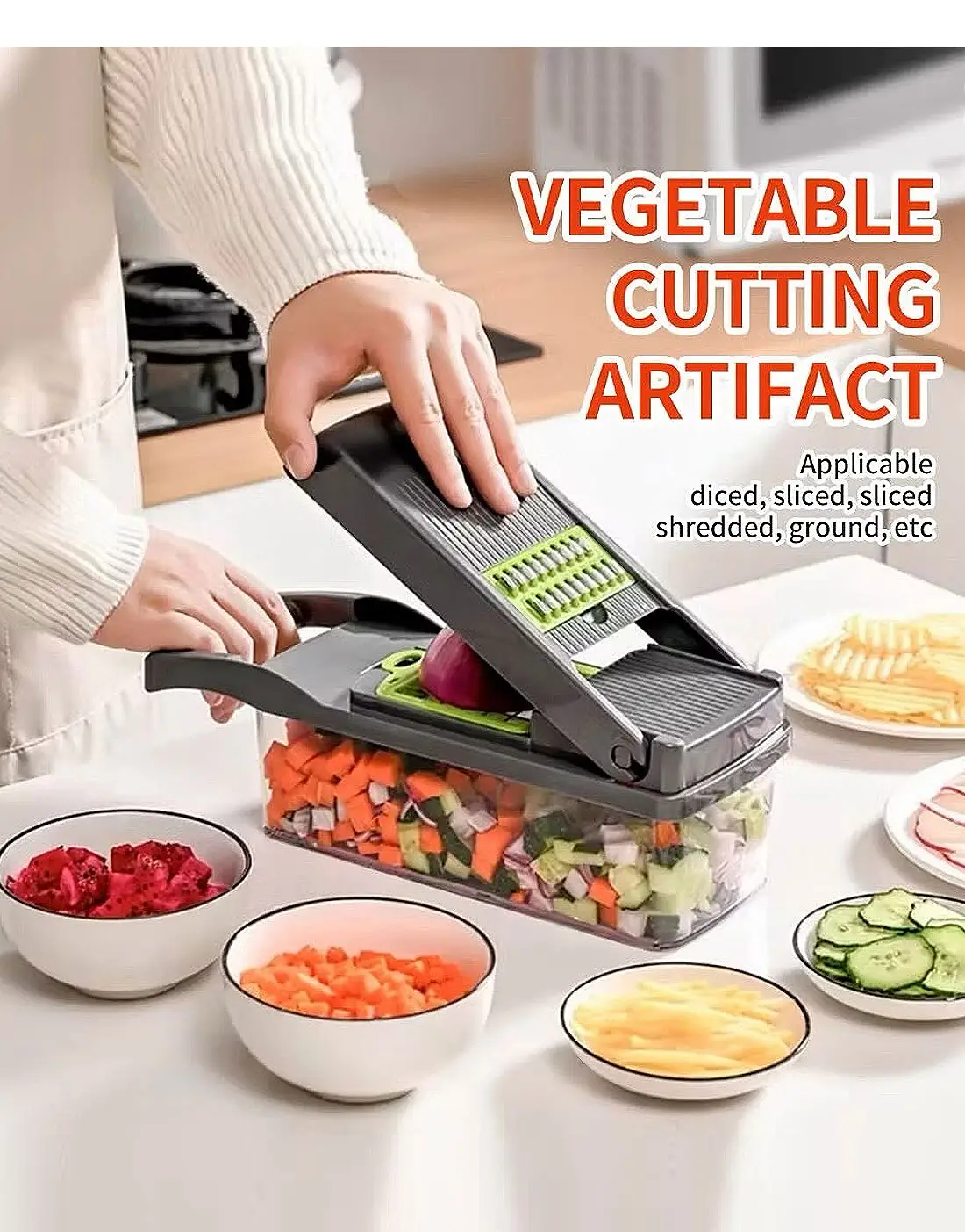 16 in 1 Multifunctional Vegetable Chopper, Cutter, Dicer & Slicer with 8 Interchangeable Blades - Image 6