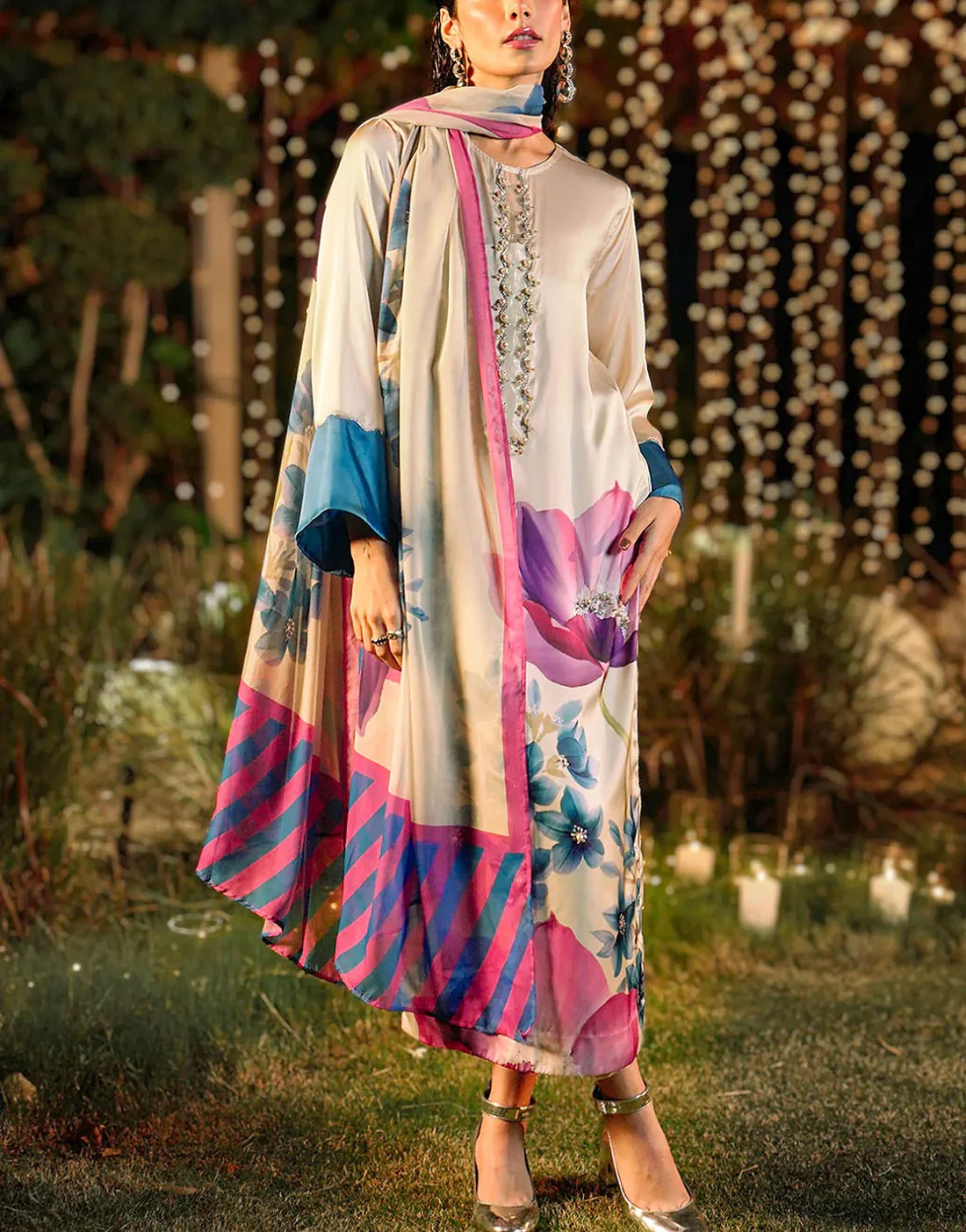 Lavish Digital Print Silk Party Wear Dress with Silk Dupatta