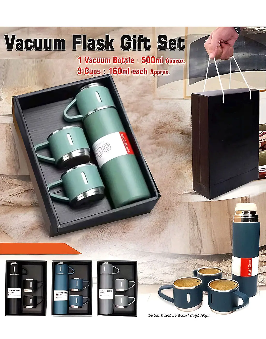 3 Cup Double-Layer Stainless Steel Vacuum Flask Set - 500ml - Image 5