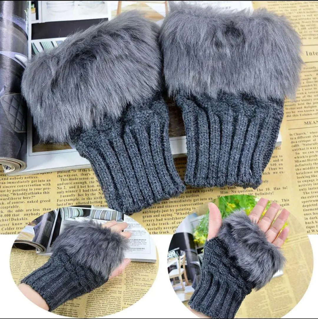Warm Fingerless Gloves - 1 Pair Wool & Fur Fingerless Gloves Women's Winter Accessory - Image 5