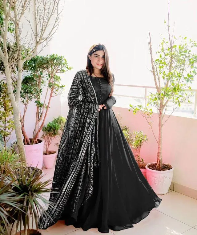 3 Pcs Women's Stitched Chiffon Plain Frock - Image 2