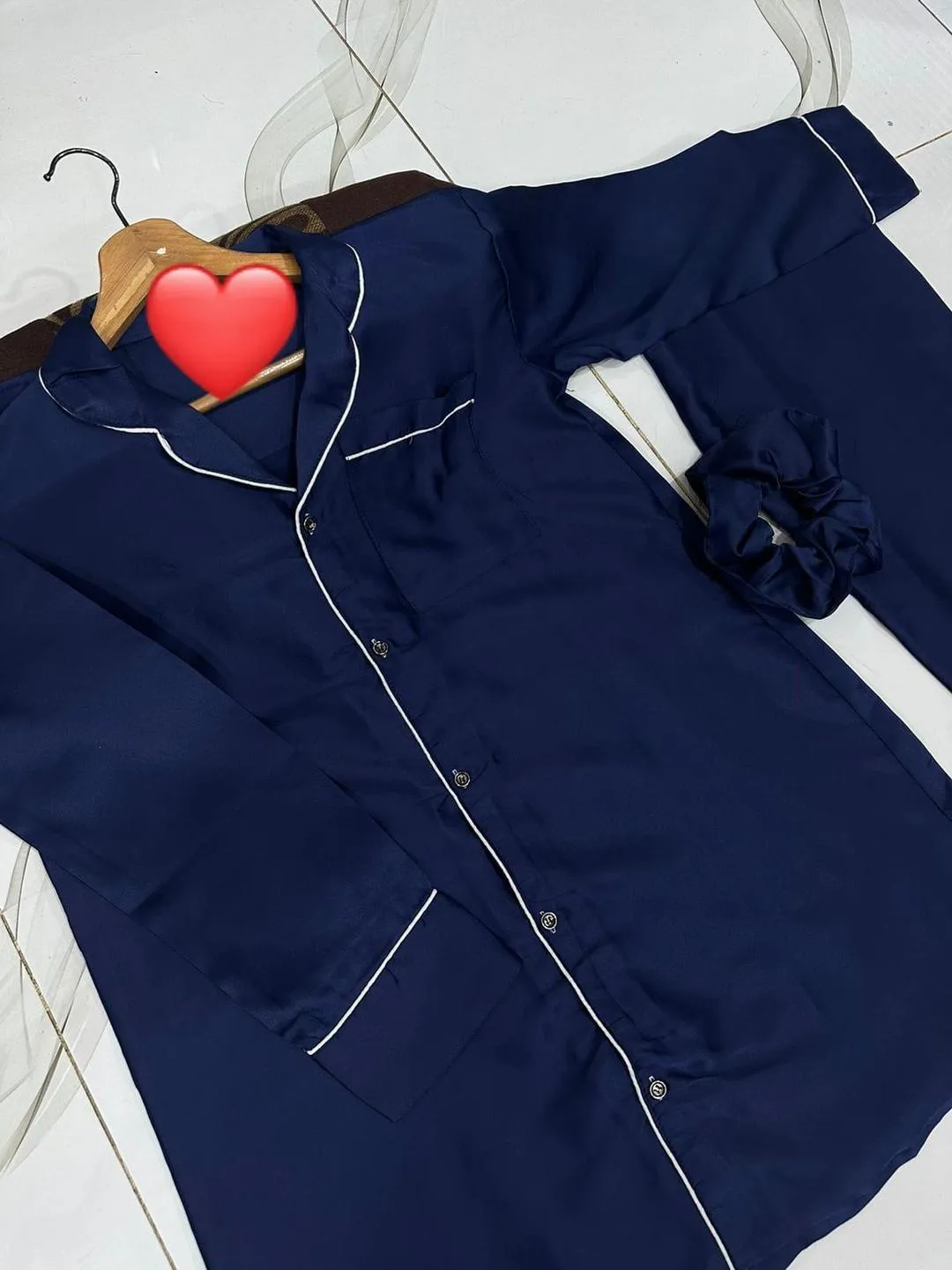 2 Pcs Women's Stitched Silk Plain Night Suit - Image 3